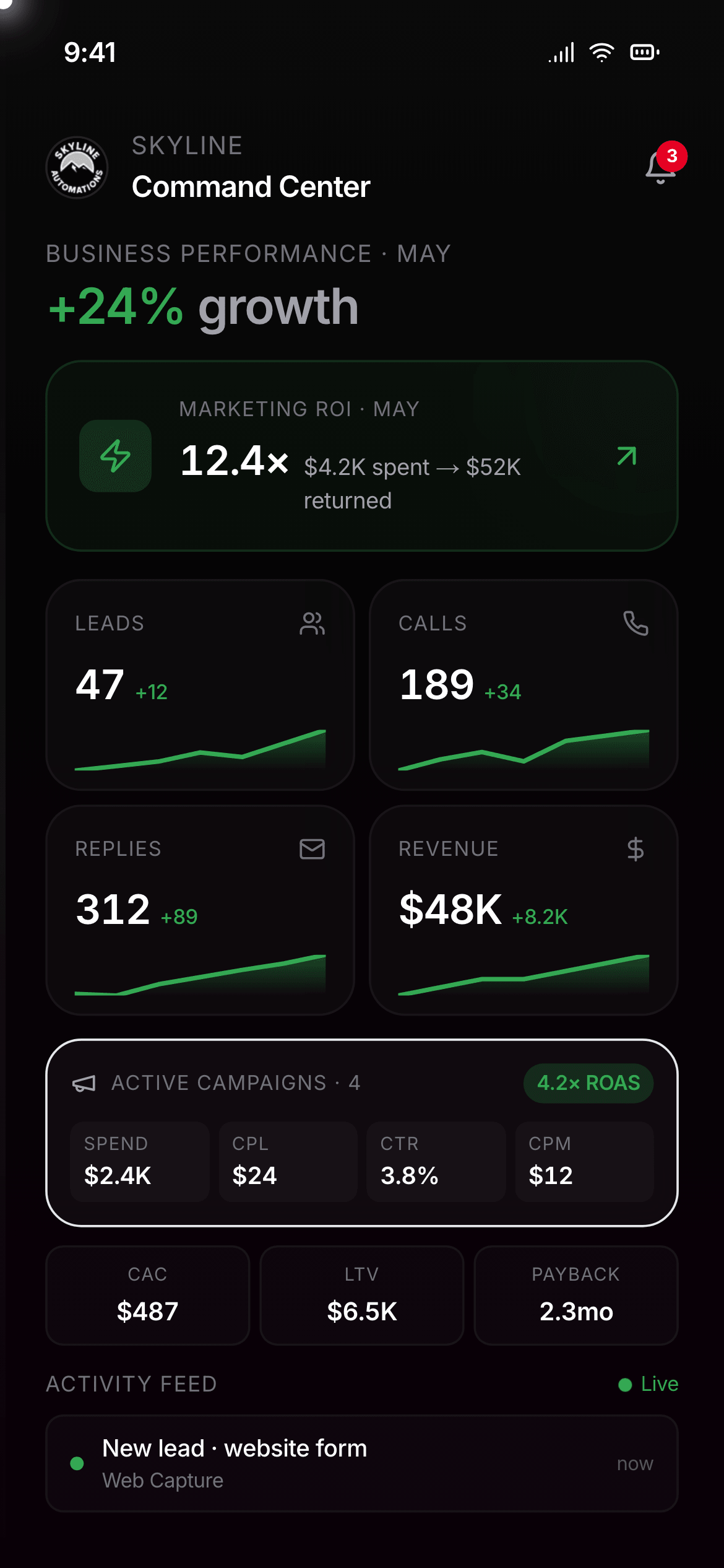 Skyline Mission Control dashboard on iPhone